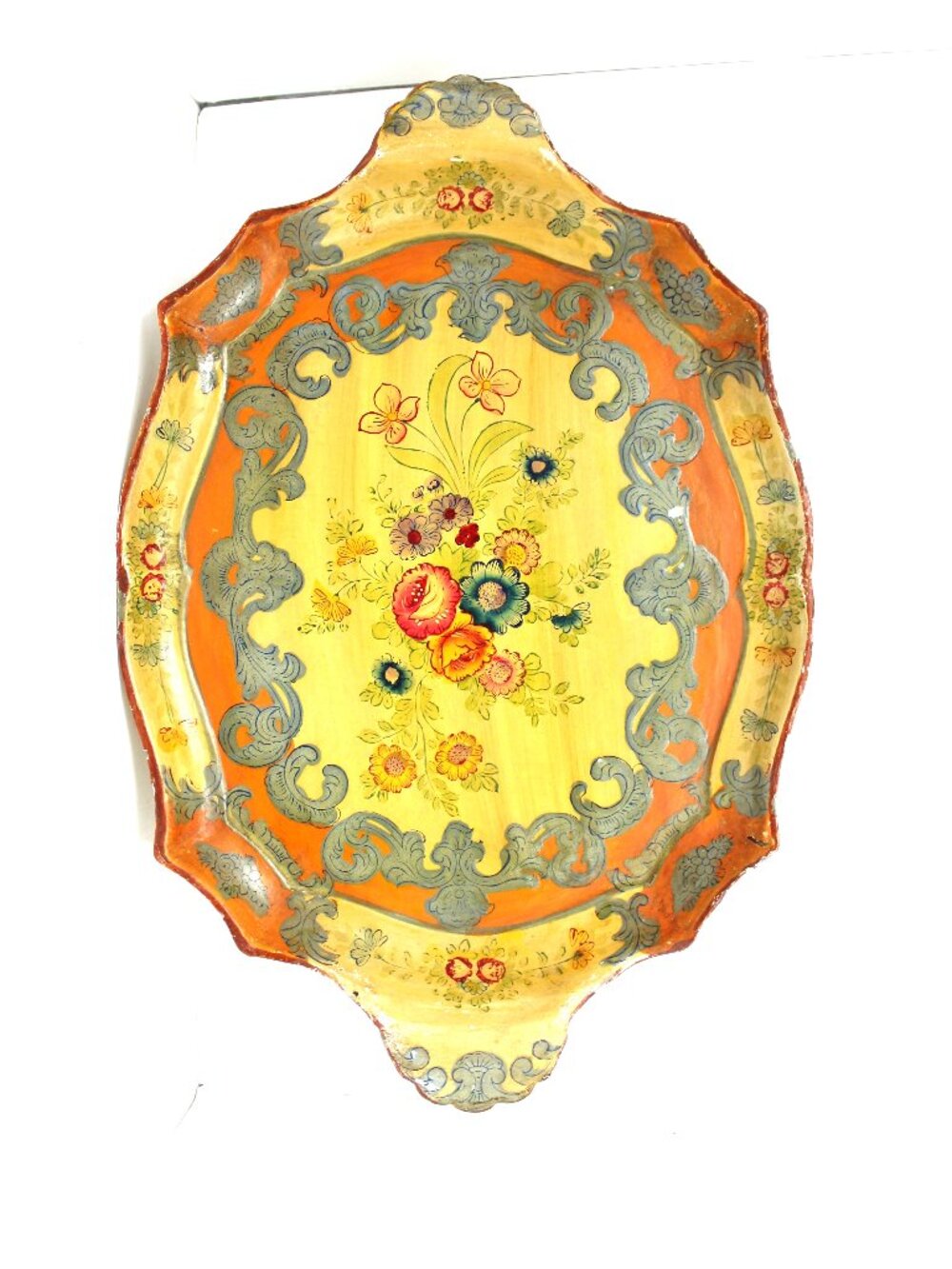Vintage Hand Painted Paper Mache Japan Distressed Floral Toleware Tray 18.5x12.5
